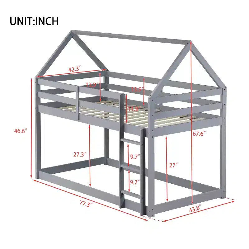 Lit superposé double en bois d'hévéa avec échelle, barrières de sécurité, lit superposé en forme de maison blanc
