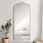 PexFix 28 in. W x 67 in. H Rustic Arched Solid Wood Framed DIY Carved Full Length Mirror in Weathered White