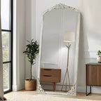 Miroir pleine longueur sculpté en bois massif encadré, arche rustique, 28 po L x 67 po H, blanc vieilli