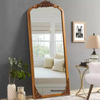PexFix 30 in. W x 69 in. H Rustic Arched Solid Wood Framed DIY Carved Full Length Mirror in Gold