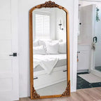 Miroir pleine longueur sculpté DIY rustique encadré en bois massif à arche de 30 po L x 69 po H, couleur or