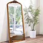 Miroir pleine longueur sculpté DIY rustique encadré en bois massif à arche de 30 po L x 69 po H, couleur or