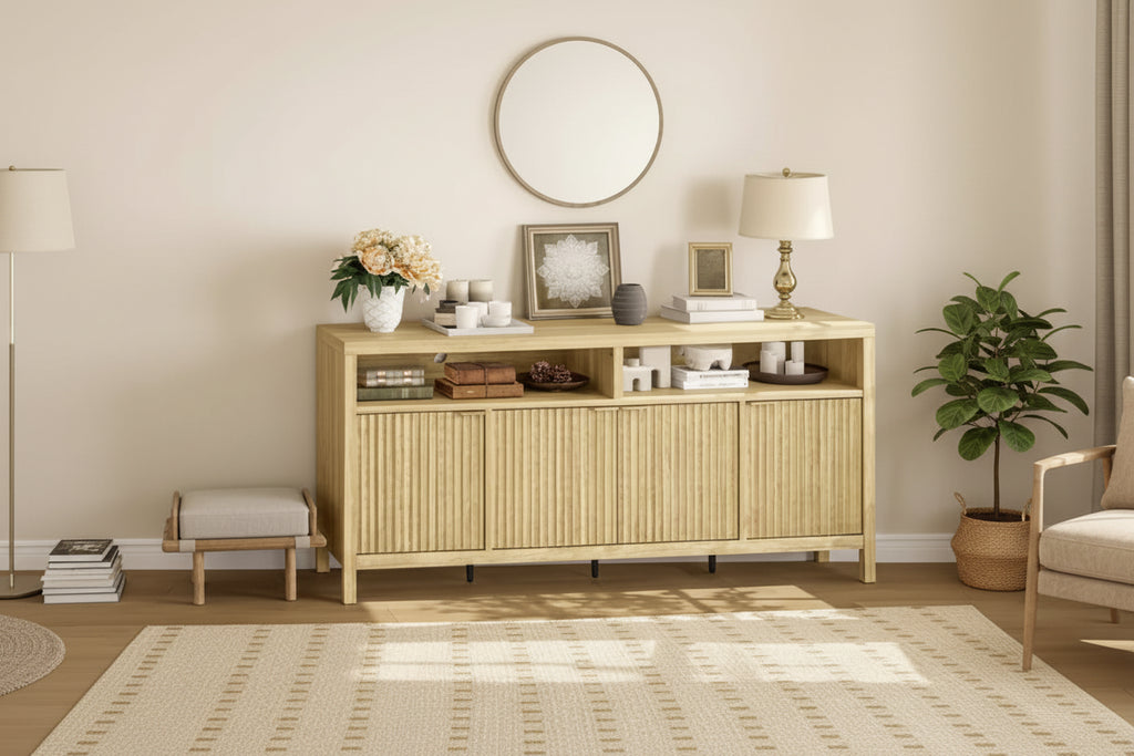 65.8 Inch Fluted Sideboard Buffet Cabinet with 4 Doors, Morden Kitchen Storage Cabinet with Fluted Door