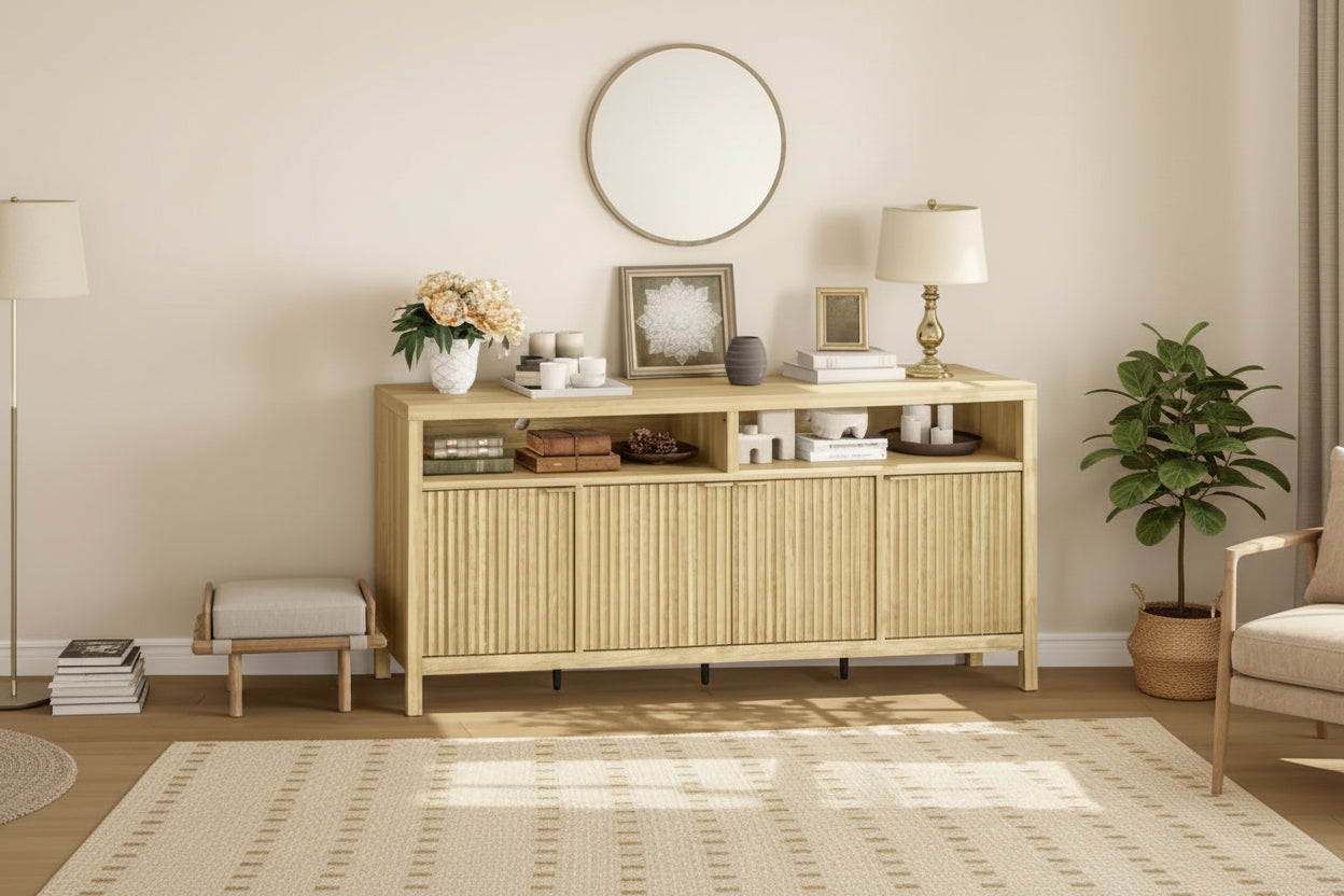 65.8 Inch Fluted Sideboard Buffet Cabinet with 4 Doors, Morden Kitchen Storage Cabinet with Fluted Door