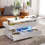 Table basse moderne relevable, 2 tiroirs cachés au fini lustré, table centrale rectangulaire multifonctionnelle pour salon