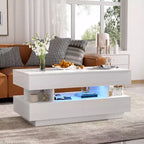 Table basse moderne relevable, 2 tiroirs cachés au fini lustré, table centrale rectangulaire multifonctionnelle pour salon