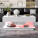 Table basse moderne relevable, 2 tiroirs cachés au fini lustré, table centrale rectangulaire multifonctionnelle pour salon