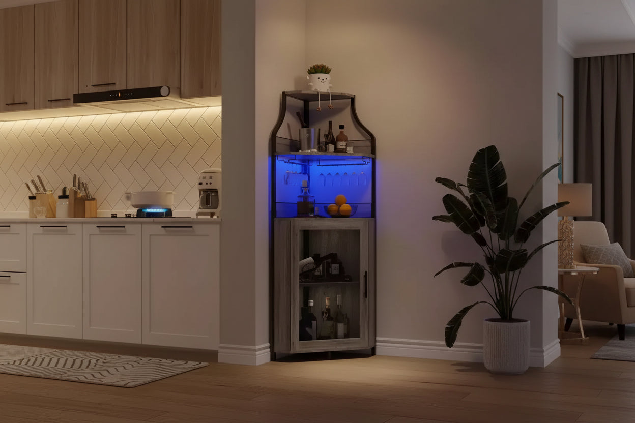 Corner Wine Bar Rack Cabinet with Detachable Wine Rack - Bar Cabinet with Glass Holder, Small Sideboard, Buffet Cabinet with Mesh Door