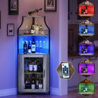 Meuble d'angle de bar à vin avec casier à vin détachable - Meuble de bar avec support en verre, petit buffet, meuble de rangement avec porte en maille