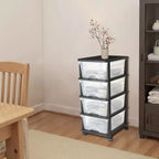 Chariot de rangement en plastique à 4 tiroirs, Organisateur de rangement avec roulettes, Séparateurs de rangement et d'organisation pour placard, Transparent et Noir