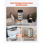 Chariot de rangement en plastique à 4 tiroirs, Organisateur de rangement avec roulettes, Séparateurs de rangement et d'organisation pour placard, Transparent et Noir