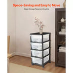 Chariot de rangement en plastique à 4 tiroirs, Organisateur de rangement avec roulettes, Séparateurs de rangement et d'organisation pour placard, Transparent et Noir
