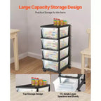 Chariot de rangement en plastique à 4 tiroirs, Organisateur de rangement avec roulettes, Séparateurs de rangement et d'organisation pour placard, Transparent et Noir