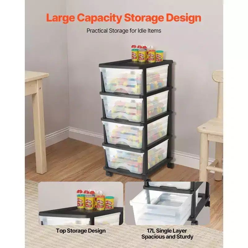 Chariot de rangement en plastique à 4 tiroirs, Organisateur de rangement avec roulettes, Séparateurs de rangement et d'organisation pour placard, Transparent et Noir