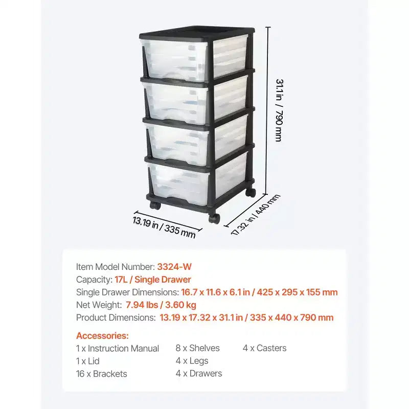 Chariot de rangement en plastique à 4 tiroirs, Organisateur de rangement avec roulettes, Séparateurs de rangement et d'organisation pour placard, Transparent et Noir