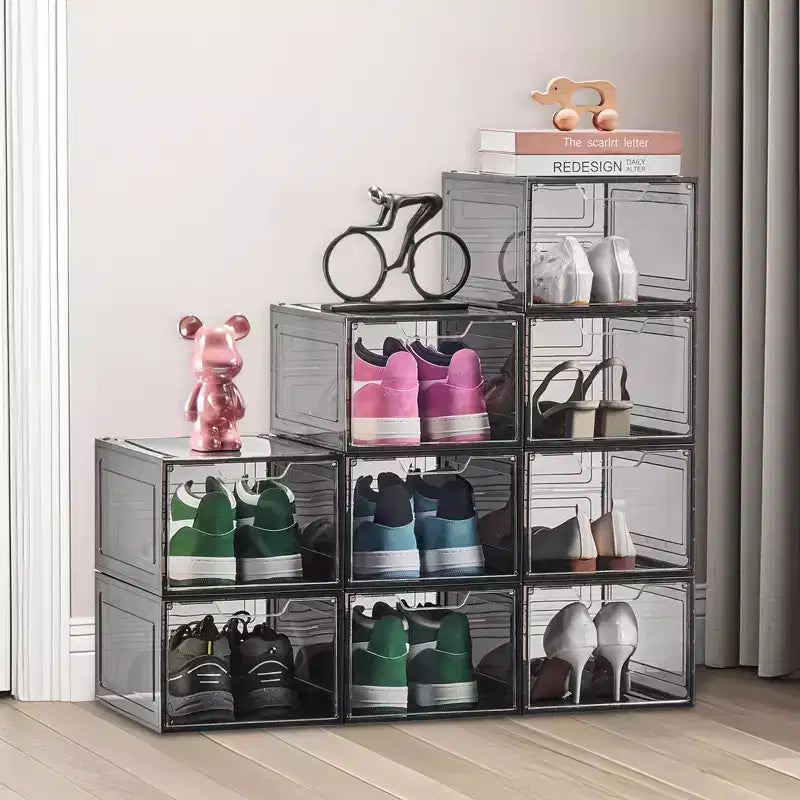 Boîtes de rangement pour chaussures, lot de 9 boîtes à chaussures transparentes empilables avec porte magnétique, conviennent jusqu'à la taille US 13, noir transparent
