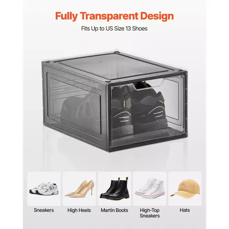 Boîtes de rangement pour chaussures, lot de 9 boîtes à chaussures transparentes empilables avec porte magnétique, conviennent jusqu'à la taille US 13, noir transparent