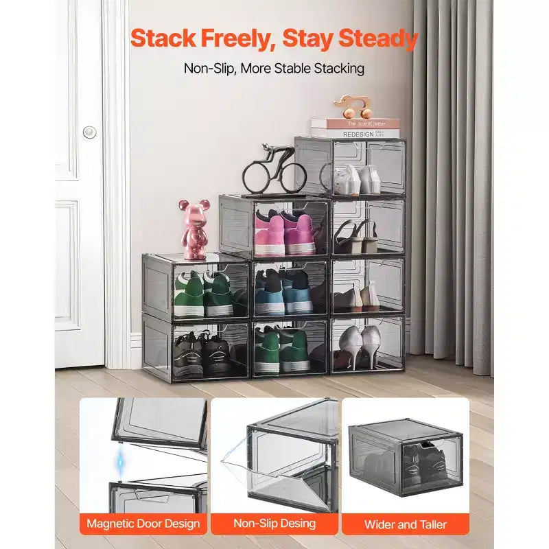 Boîtes de rangement pour chaussures, lot de 9 boîtes à chaussures transparentes empilables avec porte magnétique, conviennent jusqu'à la taille US 13, noir transparent