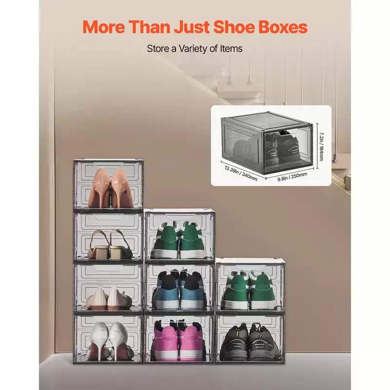 Boîtes de rangement pour chaussures, lot de 9 boîtes à chaussures transparentes empilables avec porte magnétique, conviennent jusqu'à la taille US 13, noir transparent