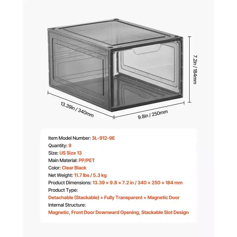 Boîtes de rangement pour chaussures, lot de 9 boîtes à chaussures transparentes empilables avec porte magnétique, conviennent jusqu'à la taille US 13, noir transparent