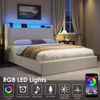 Cadre de lit Boucle avec tête de lit de rangement - Station de charge, lumières LED, cadre de lit plateforme tapissé avec 4 tiroirs de rangement