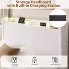 Cadre de lit Boucle avec tête de lit de rangement - Station de charge, lumières LED, cadre de lit plateforme tapissé avec 4 tiroirs de rangement