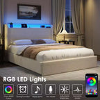 Cadre de lit Boucle avec tête de lit de rangement - Station de charge, lumières LED, cadre de lit plateforme tapissé avec 4 tiroirs de rangement