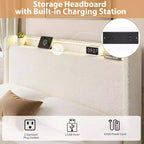 Cadre de lit Boucle avec tête de lit de rangement - Station de charge, lumières LED, cadre de lit plateforme tapissé avec 4 tiroirs de rangement