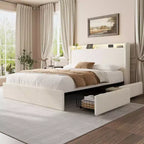 TROPOW Boucle Bed Frame with Storage Headboard - Charging Station, LED Lights, Upholstered Platform Bed Frame with 4 Storage Drawers