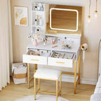 GustoWave Makeup Vanity Desk with Mirror and Lights, 4 Drawers, 2 Shelves, Built-in Charging Station, Vanity Table with Stool, 3 Lighting Modes