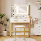 Coiffeuse avec miroir et lumières, 4 tiroirs, 2 étagères, station de charge intégrée, table de maquillage avec tabouret, 3 modes d'éclairage