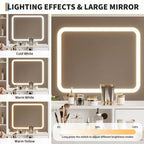 Coiffeuse avec miroir et lumières, 4 tiroirs, 2 étagères, station de charge intégrée, table de maquillage avec tabouret, 3 modes d'éclairage