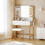 Coiffeuse avec miroir et lumières, 4 tiroirs, 2 étagères, station de charge intégrée, table de maquillage avec tabouret, 3 modes d'éclairage