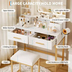 Coiffeuse avec miroir et lumières, 4 tiroirs, 2 étagères, station de charge intégrée, table de maquillage avec tabouret, 3 modes d'éclairage