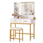 Coiffeuse avec miroir et lumières, 4 tiroirs, 2 étagères, station de charge intégrée, table de maquillage avec tabouret, 3 modes d'éclairage