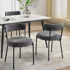 Dining Chairs, Mid-Century Chairs - Set of 2 Boucle Upholstered Round Chairs with Adjustable Legs (Light Grey, Black Leg)