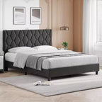 Platform Bed Frame with Upholstered Headboard, Linen Fabric Bed Frame with Wood Slat Support, Strong Metal Bed Frame, Noise Free, Grey
