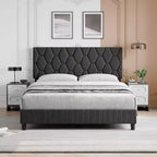 Cadre de lit plateforme avec tête de lit rembourrée, Cadre de lit en tissu de lin avec support à lattes en bois, Cadre de lit en métal robuste, Sans bruit, Gris