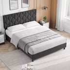 Cadre de lit plateforme avec tête de lit rembourrée, Cadre de lit en tissu de lin avec support à lattes en bois, Cadre de lit en métal robuste, Sans bruit, Gris