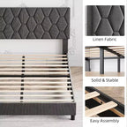 Cadre de lit plateforme avec tête de lit rembourrée, Cadre de lit en tissu de lin avec support à lattes en bois, Cadre de lit en métal robuste, Sans bruit, Gris