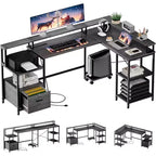 Bureau d'angle réversible en forme de L de 76 po avec tiroir classeur, prises de courant, étagère pour moniteur et rangement, gris, pour bureau à domicile
