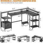 Bureau d'angle réversible en forme de L de 76 po avec tiroir classeur, prises de courant, étagère pour moniteur et rangement, gris, pour bureau à domicile