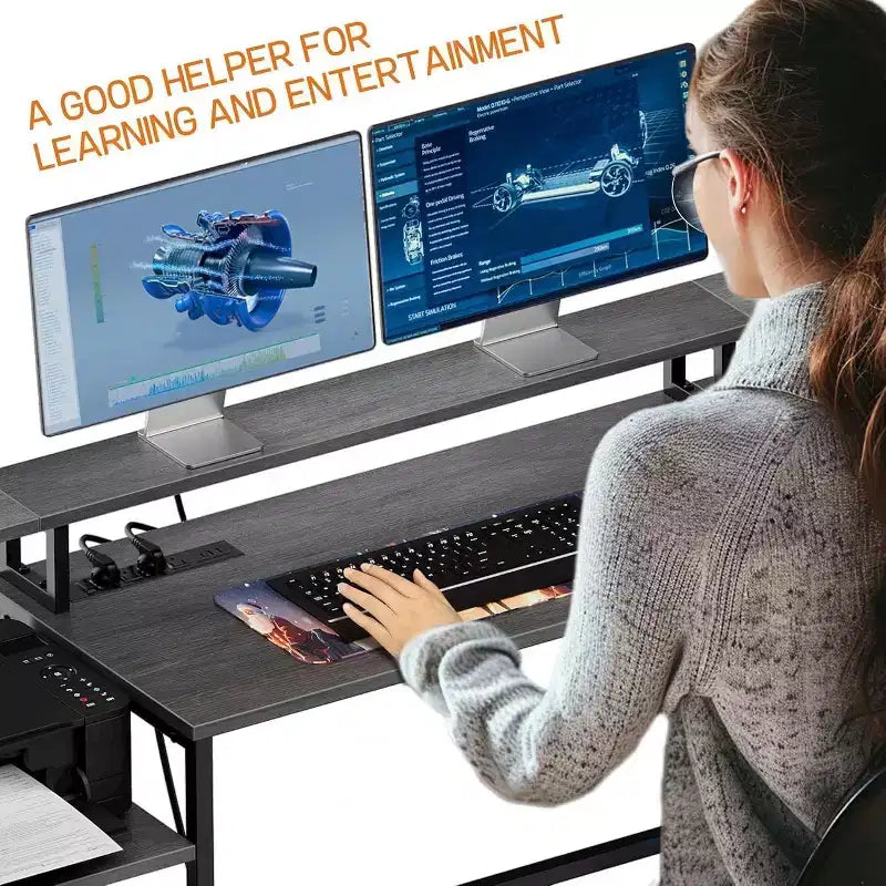 Bureau d'angle réversible en forme de L de 76 po avec tiroir classeur, prises de courant, étagère pour moniteur et rangement, gris, pour bureau à domicile