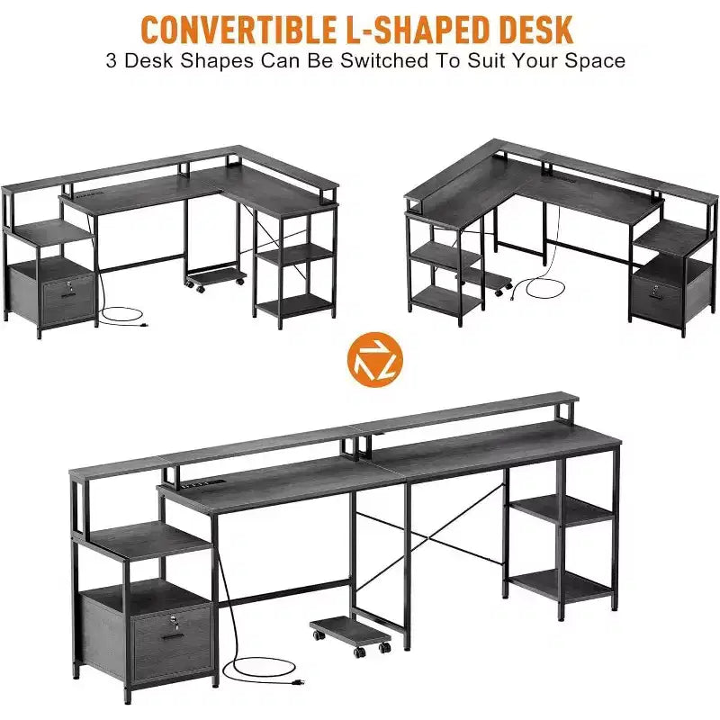 Bureau d'angle réversible en forme de L de 76 po avec tiroir classeur, prises de courant, étagère pour moniteur et rangement, gris, pour bureau à domicile