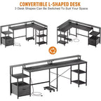 Bureau d'angle réversible en forme de L de 76 po avec tiroir classeur, prises de courant, étagère pour moniteur et rangement, gris, pour bureau à domicile