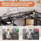 Bureau d'angle réversible en forme de L de 76 po avec tiroir classeur, prises de courant, étagère pour moniteur et rangement, gris, pour bureau à domicile