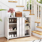 Meuble de rangement à chaussures en bois à 3 niveaux avec portes et étagères ouvertes réglables sur 3 niveaux, coloris naturel/blanc/noyer clair/noir/jaune