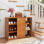 Meuble de rangement à chaussures en bois à 3 niveaux avec portes et étagères ouvertes réglables sur 3 niveaux, coloris naturel/blanc/noyer clair/noir/jaune
