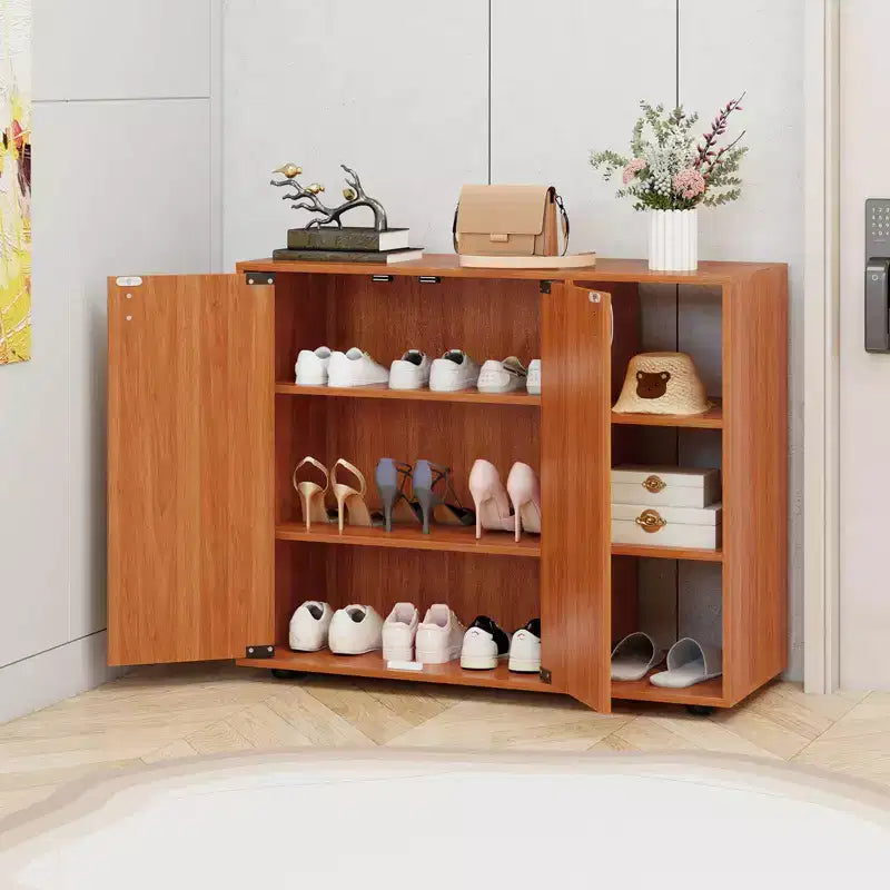 Meuble de rangement à chaussures en bois à 3 niveaux avec portes et étagères ouvertes réglables sur 3 niveaux, coloris naturel/blanc/noyer clair/noir/jaune