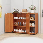 Meuble de rangement à chaussures en bois à 3 niveaux avec portes et étagères ouvertes réglables sur 3 niveaux, coloris naturel/blanc/noyer clair/noir/jaune